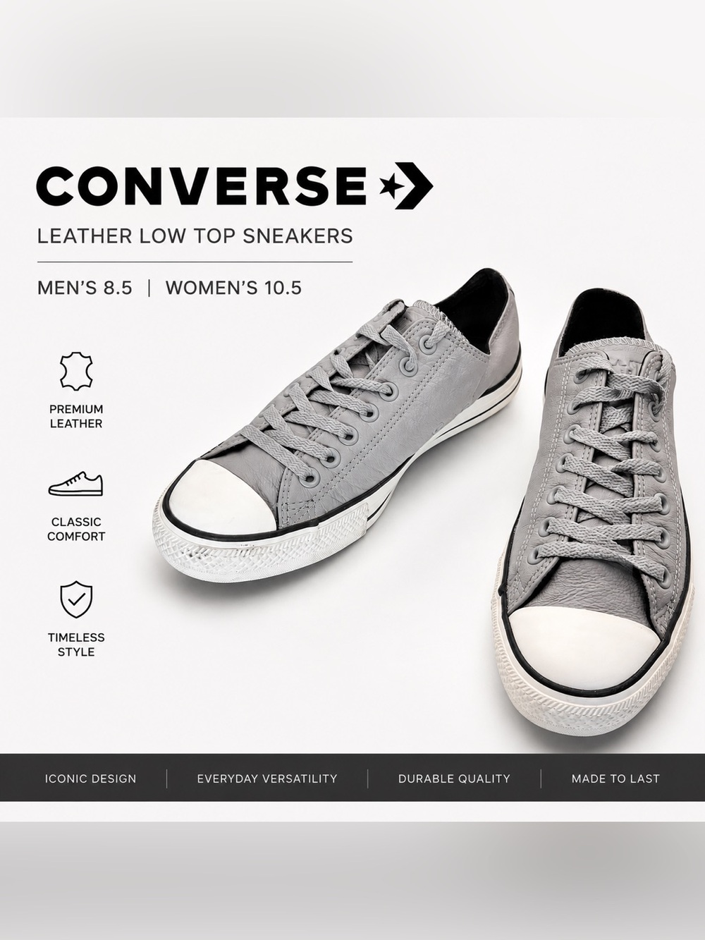 Converse Chuck Taylor All Star Leather Low Top Sneakers Gray | M - 8.5 / W- 10.5